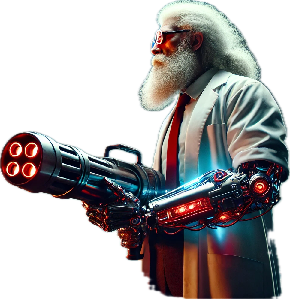 Dr Destruction character holding futuristic quadbarrel bazooka weapon